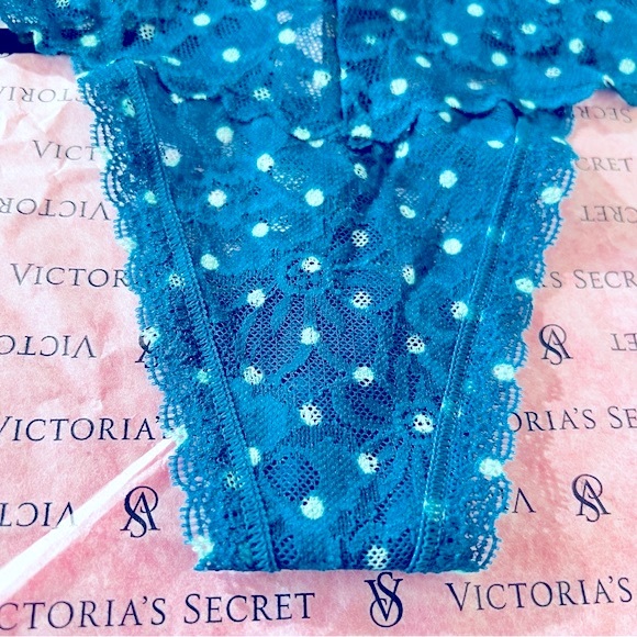 VICTORIA’S  SECRET  Lace-Up Thong String Panty  Size M Sapphire Blue Dot - Picture 8 of 10